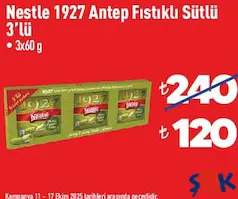NESTLE 1927 ANTEP FISTIKLI SÜTLÜ ÇİKOLATA 3'LÜ 3X60 G NESTLE 1927 ANTEP FISTIKLI SÜTLÜ ÇİKOLATA 3'LÜ 3X60 G